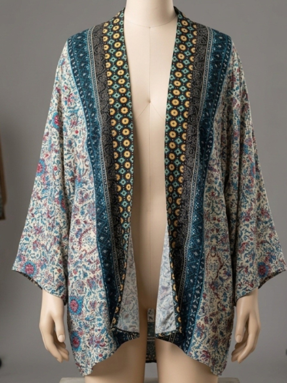 Kori Boho Mixed Print Floral Open-Front Kimono Cardigan. Size Large